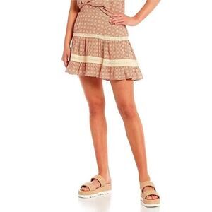 I.N. San Francisco Crochet Trimmed Floral Medallion Tiered Skirt Orange Size L